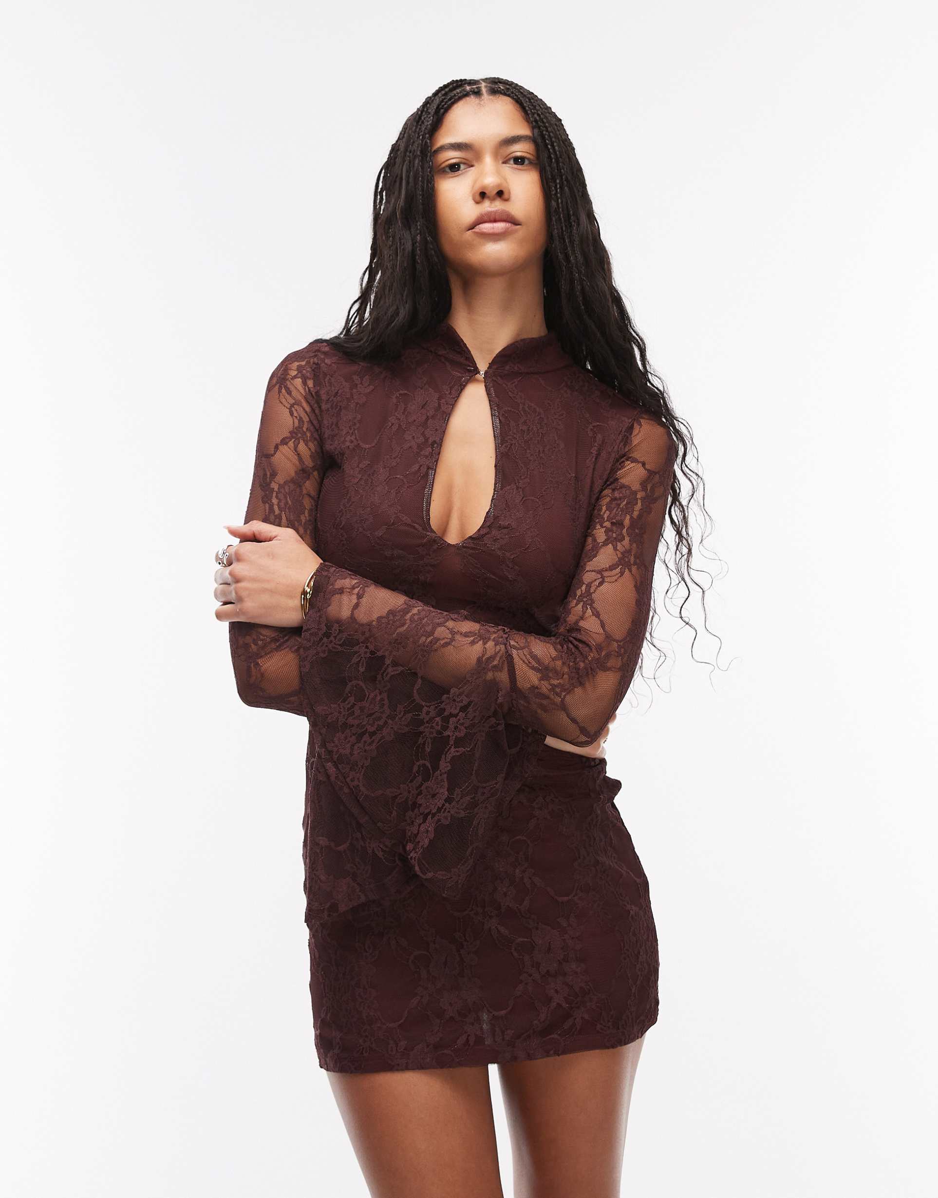 asos design lace fluted sleeves mini dress with mandarin collar in chocolate