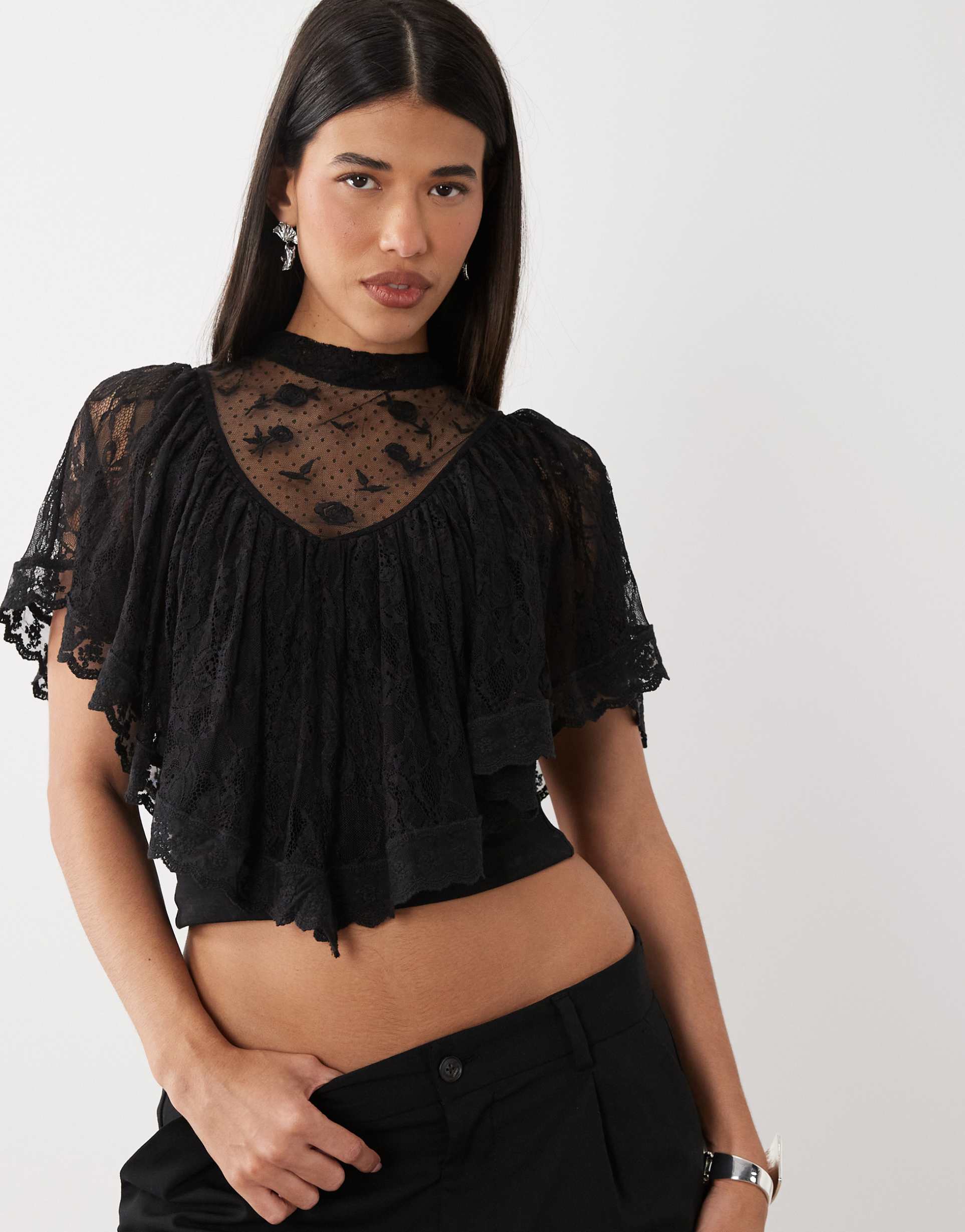 asos design lace flutter cape top with tie back in black