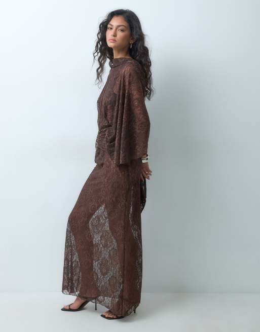 ASOS DESIGN lace flutter sleeve v back maxi dress in chocolate, 2 of 5