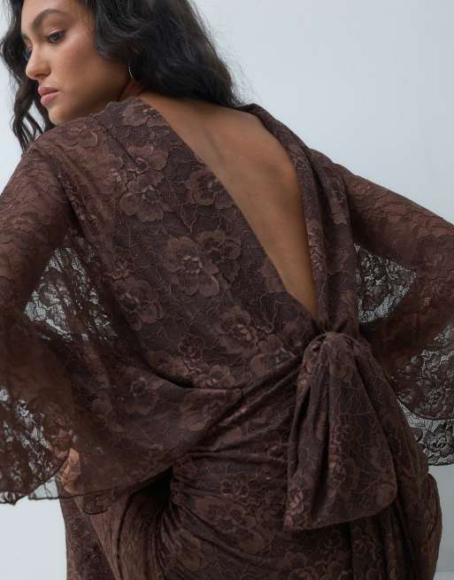 ASOS DESIGN lace flutter sleeve v back maxi dress in chocolate, 3 of 5