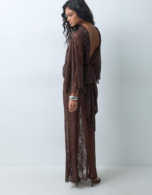ASOS DESIGN lace flutter sleeve v back maxi dress in chocolate, 4 of 5
