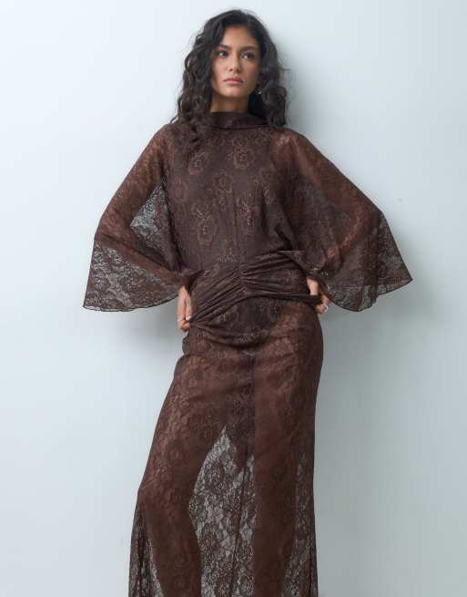 ASOS DESIGN lace flutter sleeve v back maxi dress in chocolate, 5 of 5