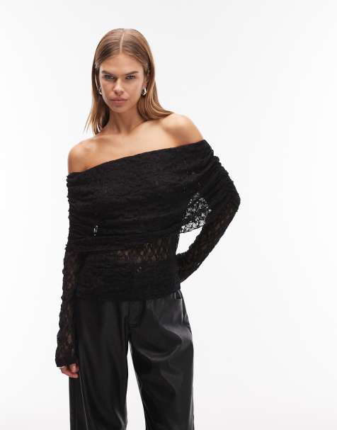 ASOS DESIGN lace fold over off shoulder top in black - view 1