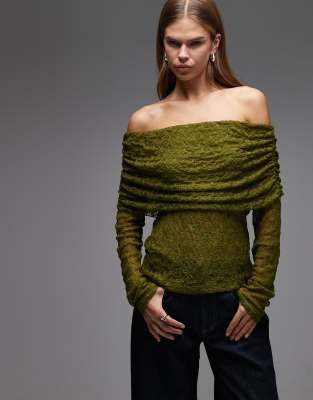 ASOS DESIGN lace fold-over off-shoulder top in green