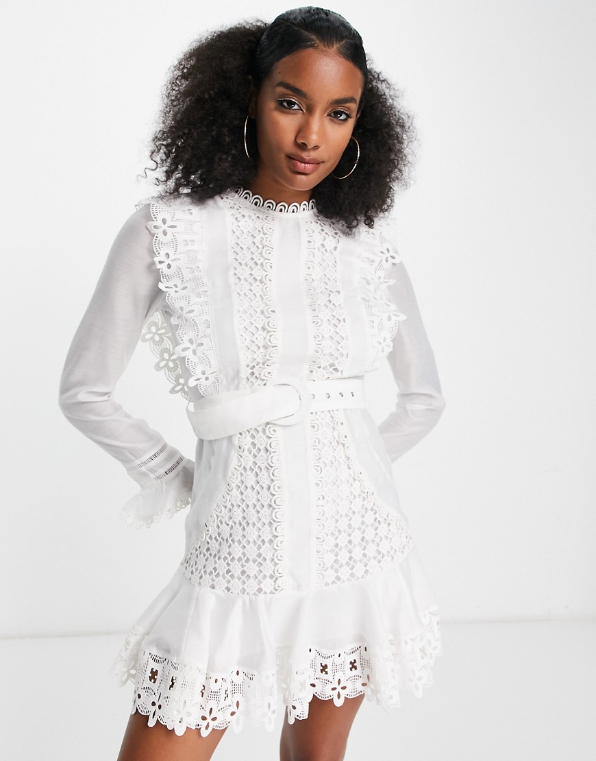 Asos Design Lace Frill Detail Mini Dress With Belt In White