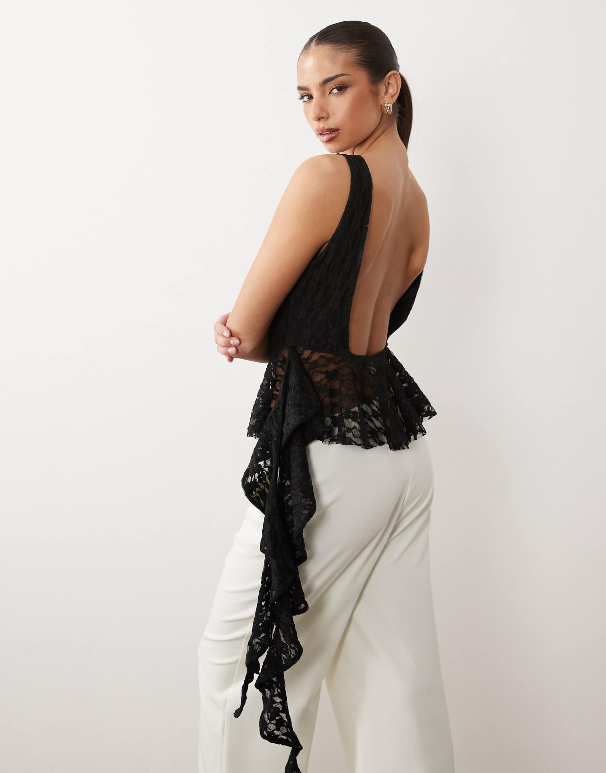 asos design lace frill peplum hem top in black