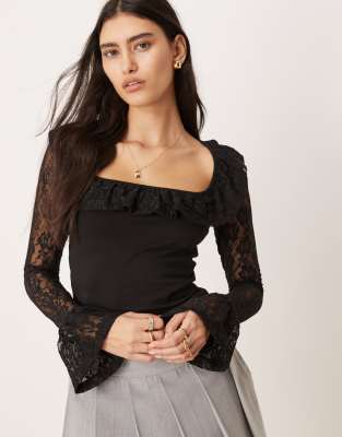 Asos Design Lace Frill Square Neck Top In Black
