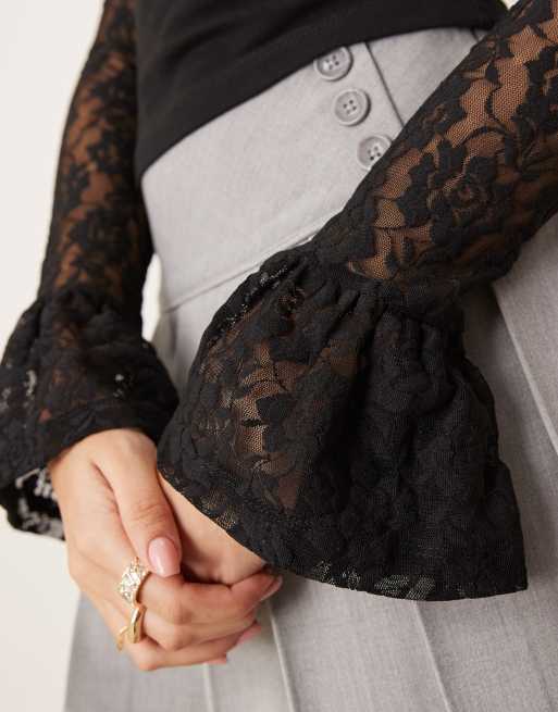 ASOS DESIGN lace frill square neck top in black | ASOS