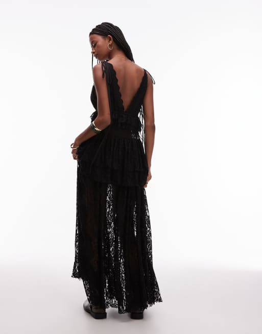 ASOS DESIGN lace frill volume maxi dress in black, 3 of 4