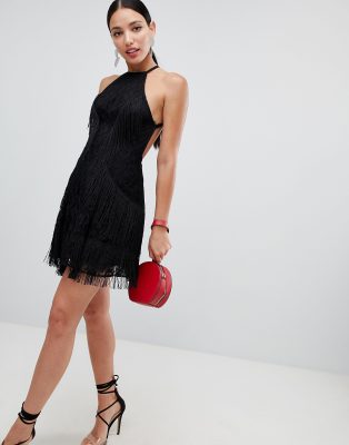 lace trim fringe halter dress