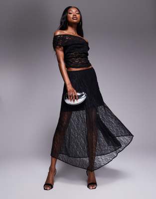 Asos Design Lace Gathered Side Off-shoulder Top In Black