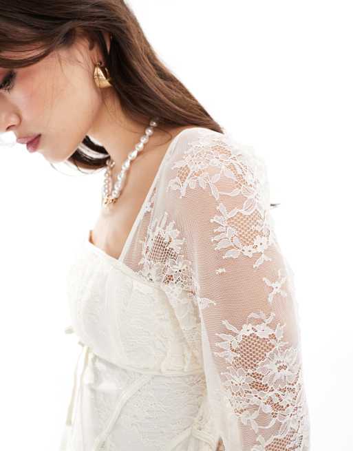 knee length dresses for ladies Rent Asos Design Lace Insert Belted Mini Dress With Button Detail In White