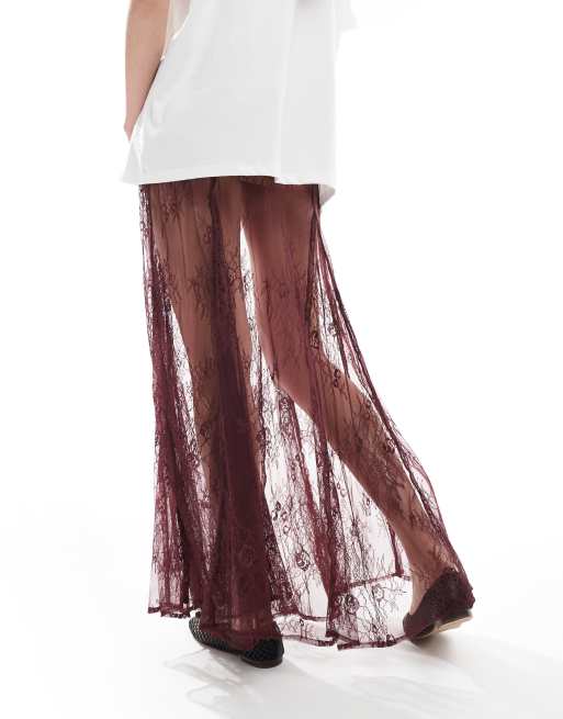 ASOS DESIGN lace godet maxi skirt in burgundy | ASOS