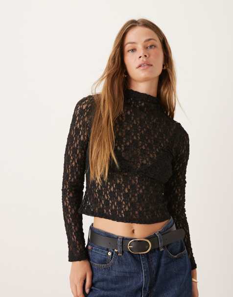 ASOS DESIGN lace grown on neck sheer long sleeve top in black - view 1