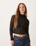 [ASOS DESIGN] ASOS DESIGN lace grown on neck sheer long sleeve top in black S BLACK