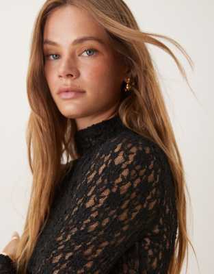 Asos Design Lace Grown On Neck Sheer Long Sleeve Top In Black