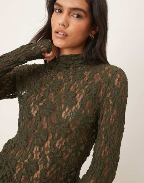ASOS DESIGN lace grown on neck sheer long sleeve top in black - view 1
