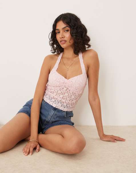 ASOS DESIGN lace halter cami top with ruched bust detail in pastel pink - view 1