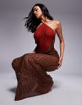 [ASOS DESIGN] ASOS DESIGN lace halter maxi dress with twist skirt detail in red and chocolate-Brown 8 Chocolate