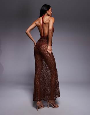 Asos Design Lace Halter Maxi Dress With Twist Skirt Detail In Brown