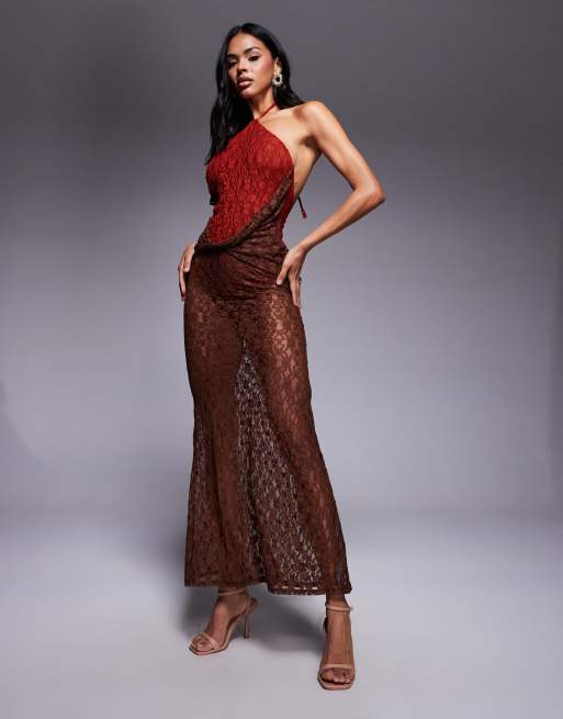 ASOS DESIGN lace halter maxi dress with twist skirt detail in red and chocolate