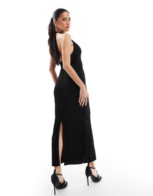 ASOS DESIGN lace halter midi dress with corsage in black