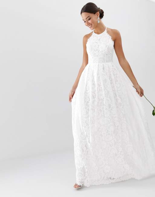 ASOS DESIGN lace halter neck maxi wedding dress - WHITE