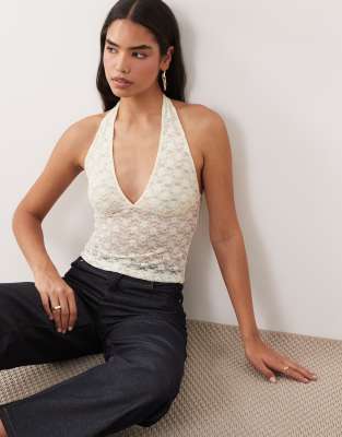 Asos Design Lace Halter Neck Top In Neutral