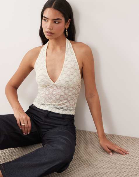ASOS DESIGN lace halter neck top in buttermilk - view 1
