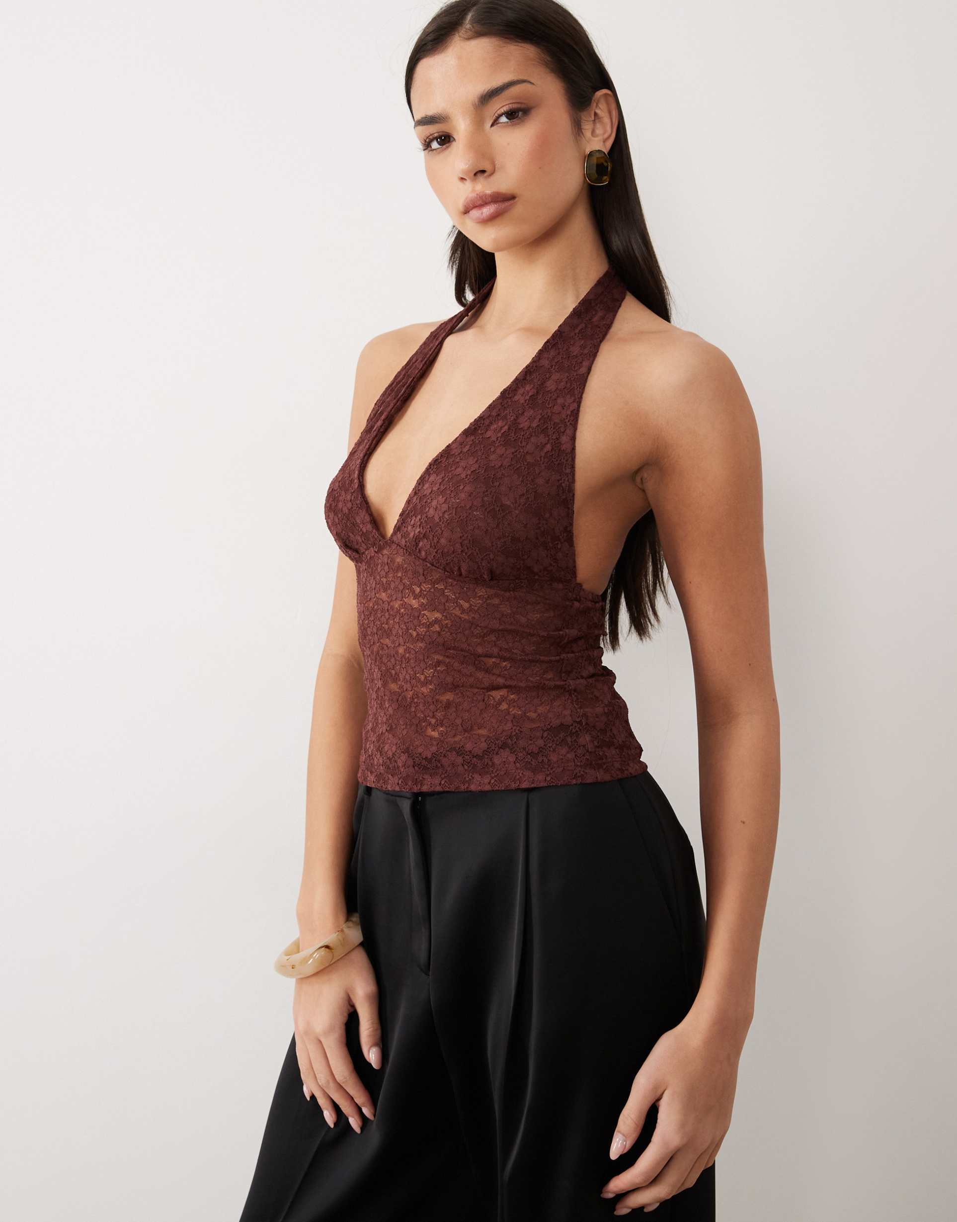 asos design lace halter neck top in chocolate