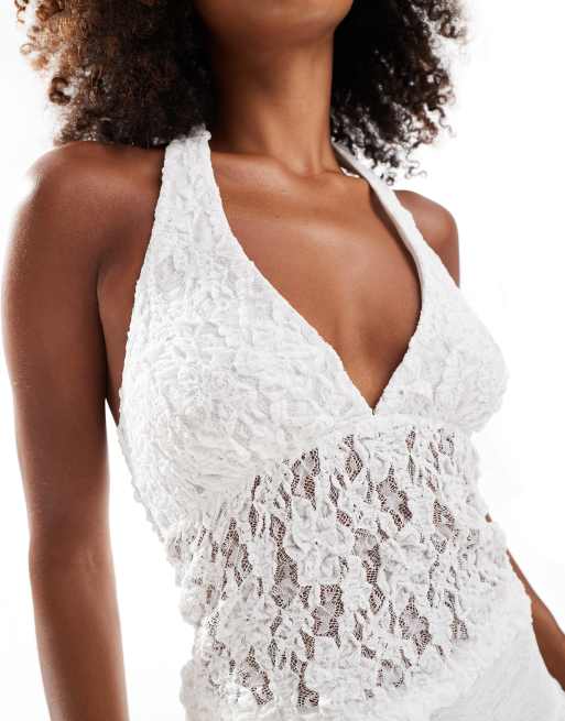 ASOS DESIGN lace halter top in white