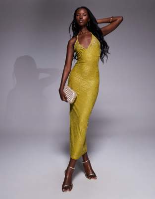 lace halterneck maxi dress in chartreuse-Brown