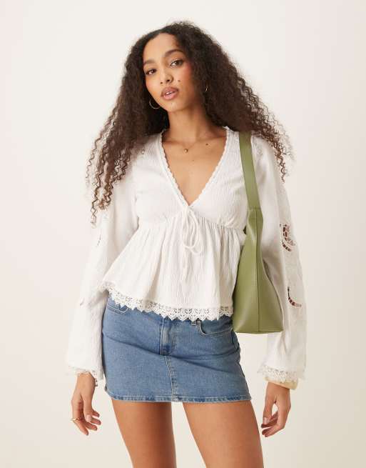 ASOS DESIGN lace hem embroidered tie front long sleeve top in white