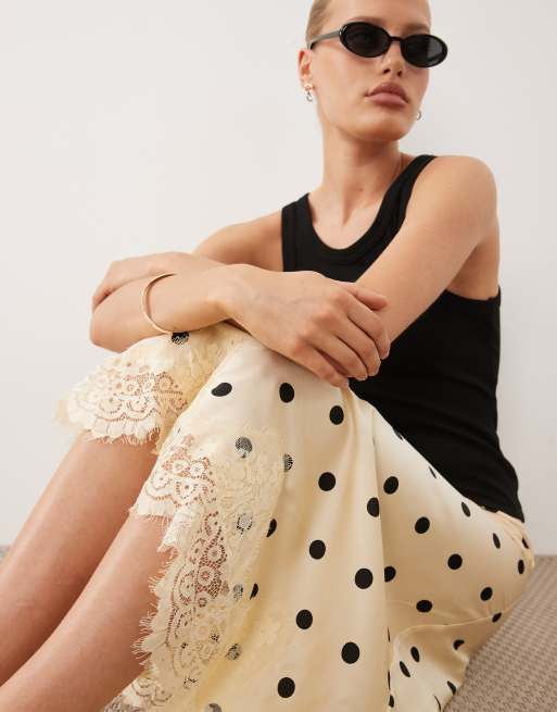 ASOS DESIGN lace hem fishtail maxi skirt in polka dot print - MULTI, 2 of 5