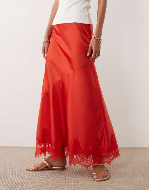 ASOS DESIGN lace hem fishtail maxi skirt in red, 3 of 5
