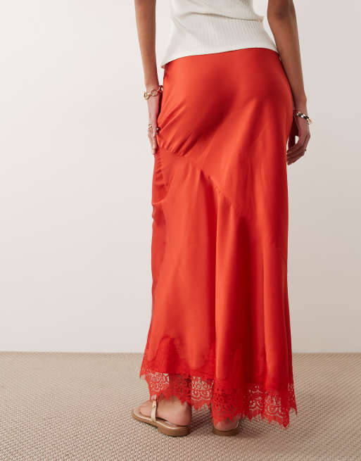 ASOS DESIGN lace hem fishtail maxi skirt in red, 5 of 5