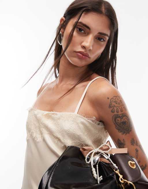 ASOS DESIGN lace hem satin cami top in cream