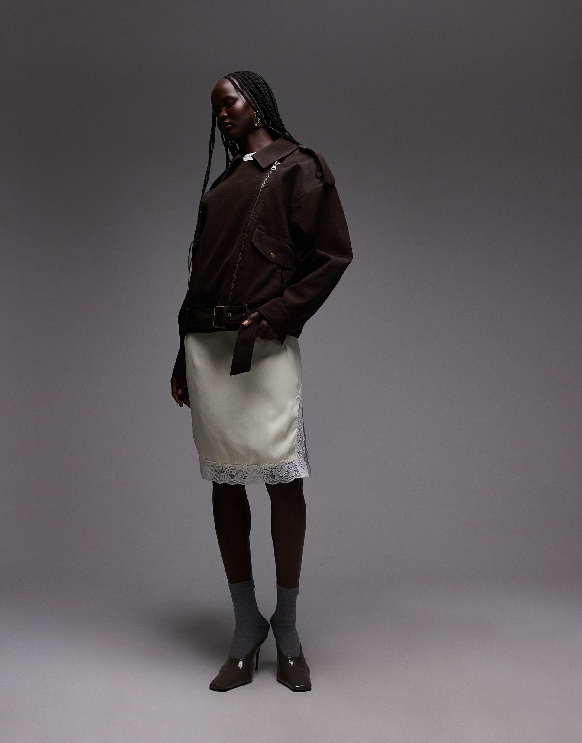 asos design lace hem satin midi skirt in lemon