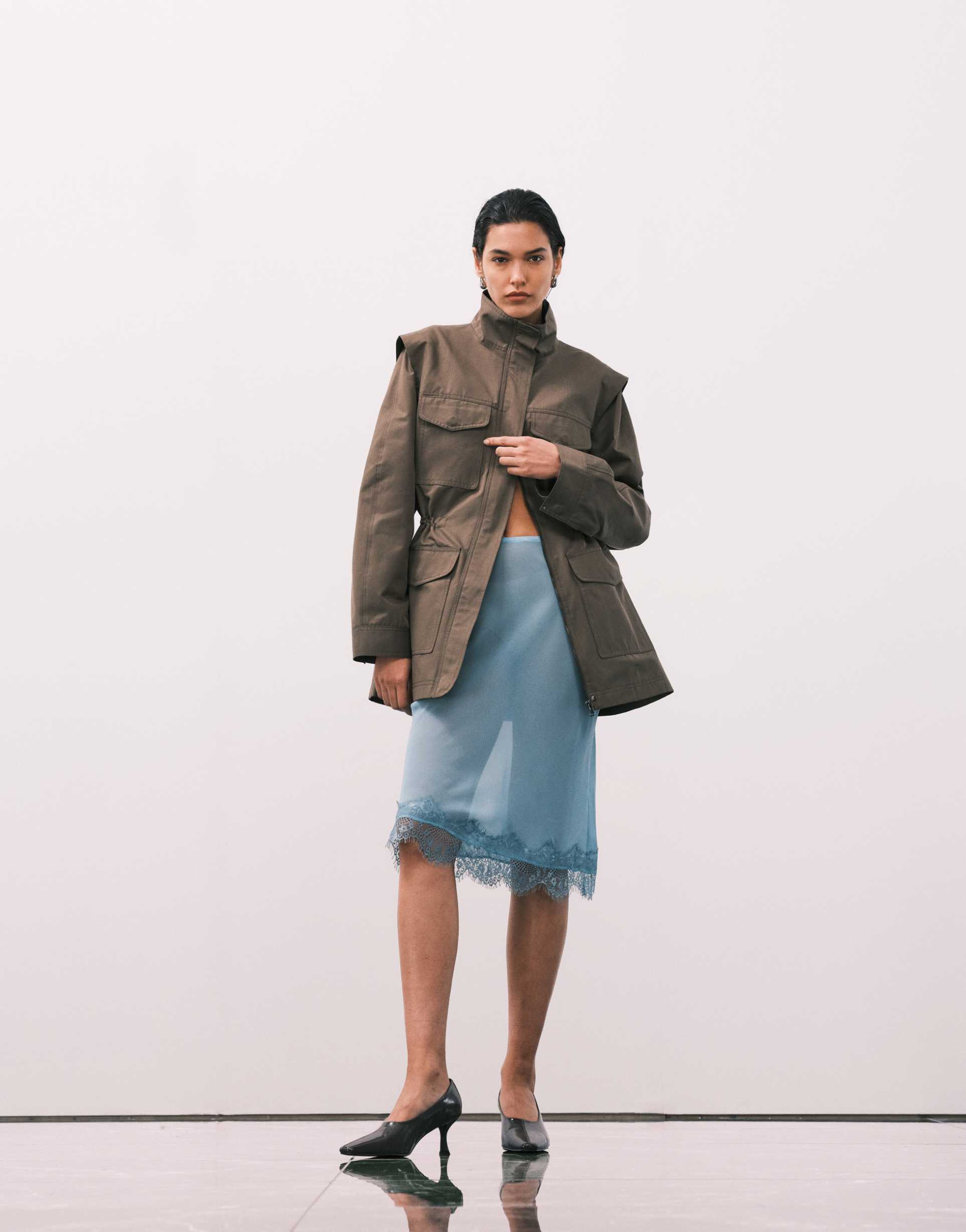 asos design lace hem sheer midi skirt in blue