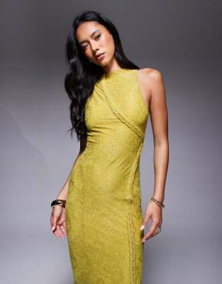 Asos Design Lace High Neck Maxi Dress In Yellow