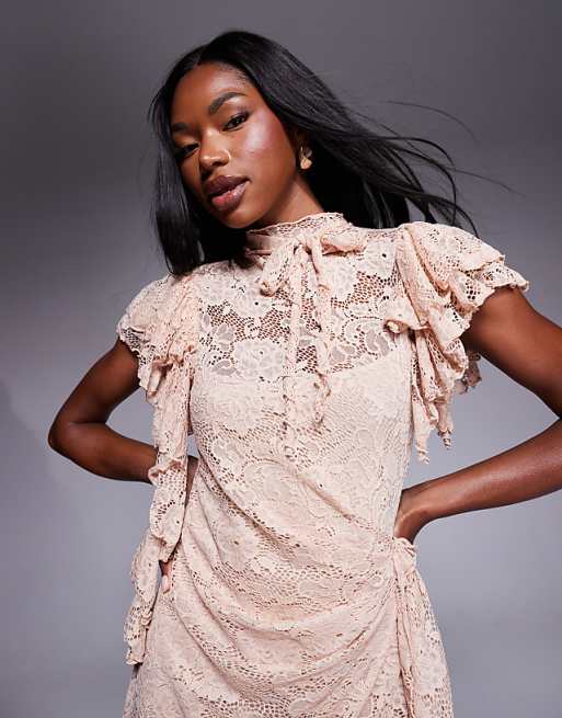 pink mini lace dress Dainty Knit 25% Cotton Bandeau Frill Hem Mini Dress