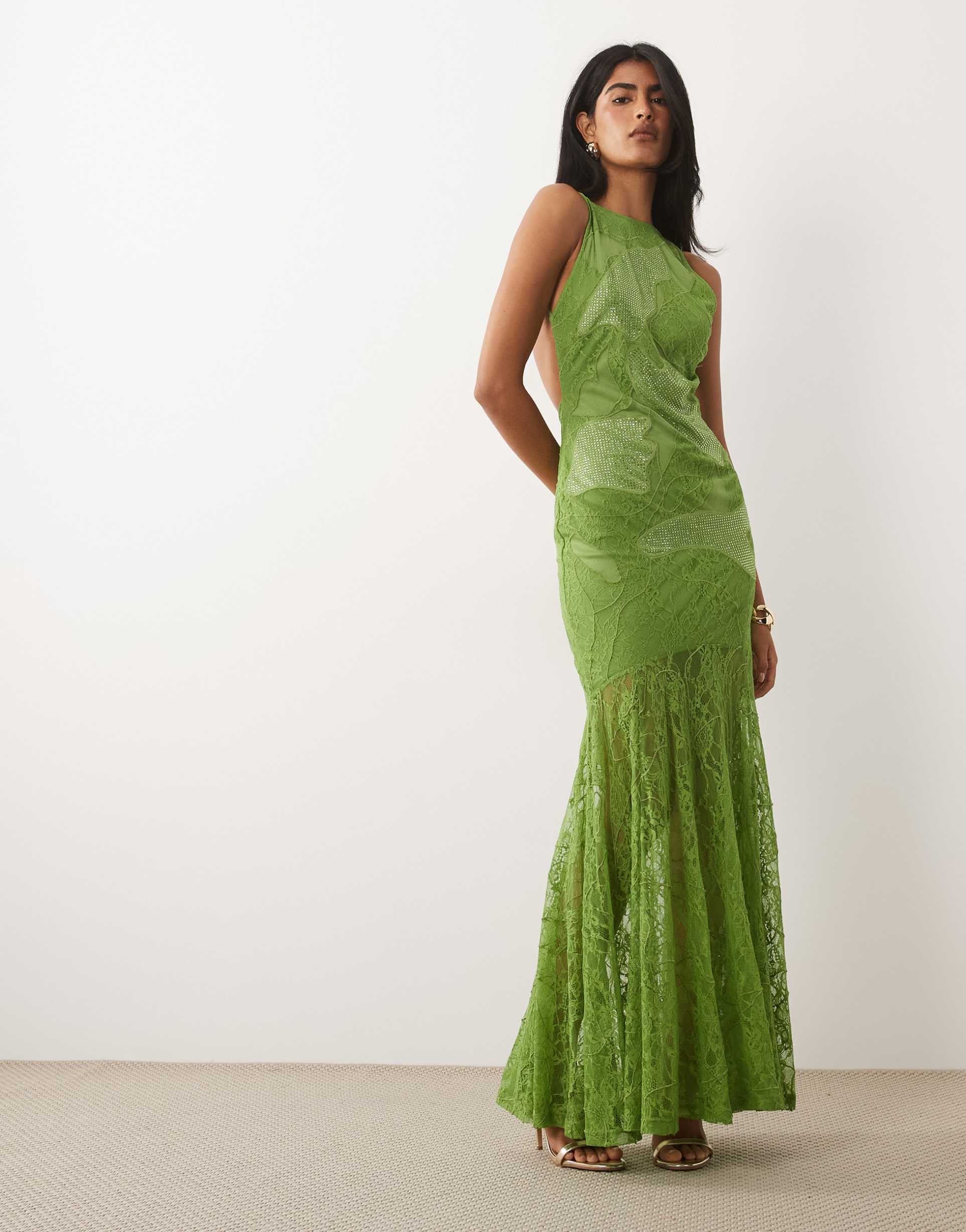 asos design lace high slash neck maxi dress with embellished hotfix panels and embroidery in green
