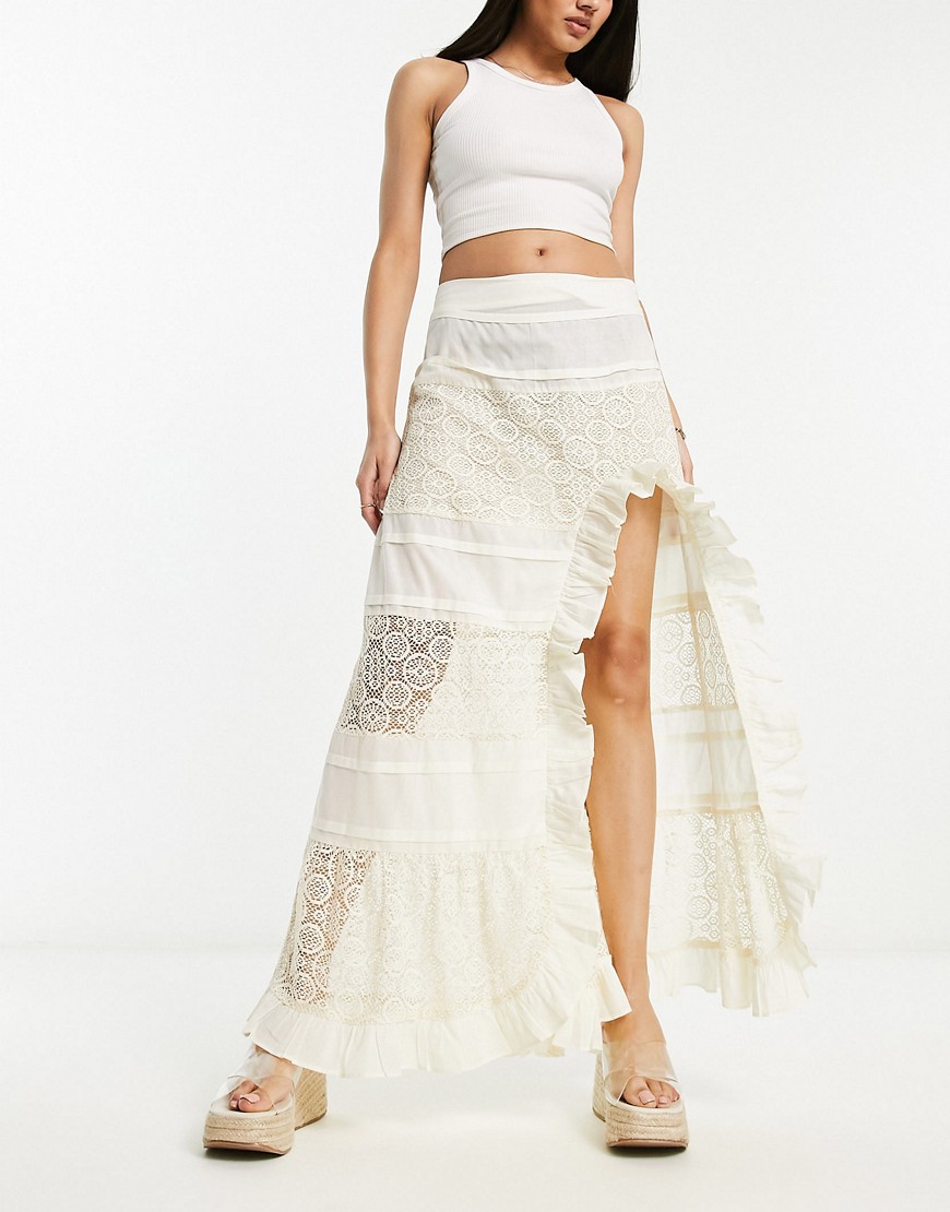 ASOS DESIGN lace insert and embroidered maxi skirt with side split in cream-White