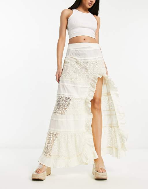 ASOS DESIGN lace insert and embroidered maxi skirt with side split in cream