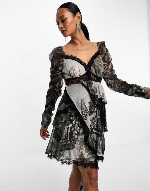 ASOS DESIGN lace insert asymmetric hem mini skater dress in gray print