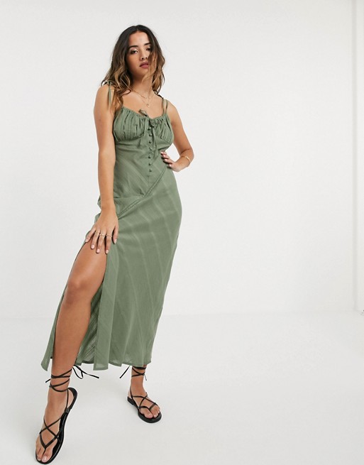 ASOS DESIGN lace insert bias maxi dress with ruched bust in khaki