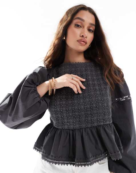 ASOS DESIGN lace insert bib detail long sleeve top in washed black - view 1