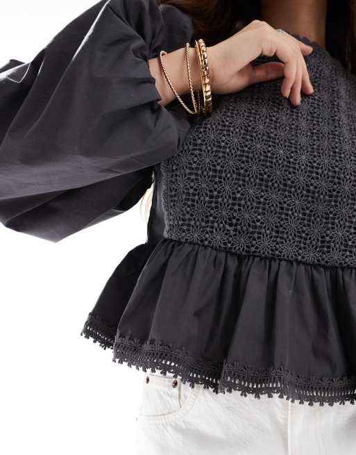 ASOS DESIGN lace insert bib detail long sleeve top in washed black, 2 of 4
