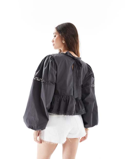 ASOS DESIGN lace insert bib detail long sleeve top in washed black, 3 of 4