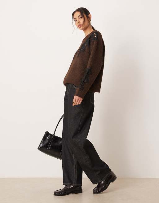 ASOS DESIGN lace insert boxy crew neck jumper in chocolate, 2 of 4